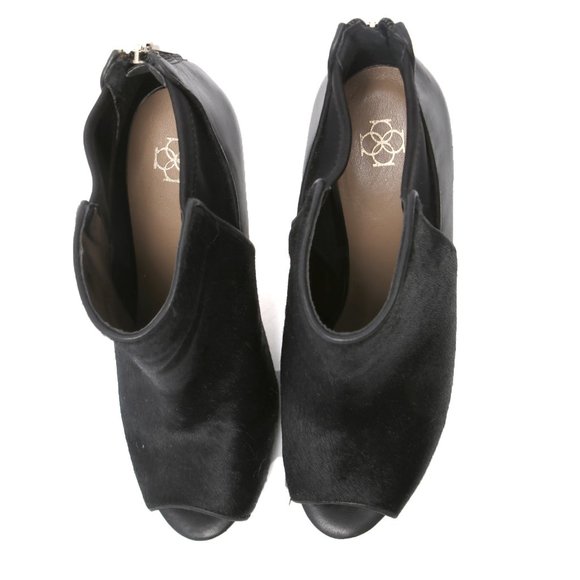 Ann Taylor Velleta Black Leather Peep-toe Ankle Booties Calf Hair Boots Heels 7 - Picture 8 of 11